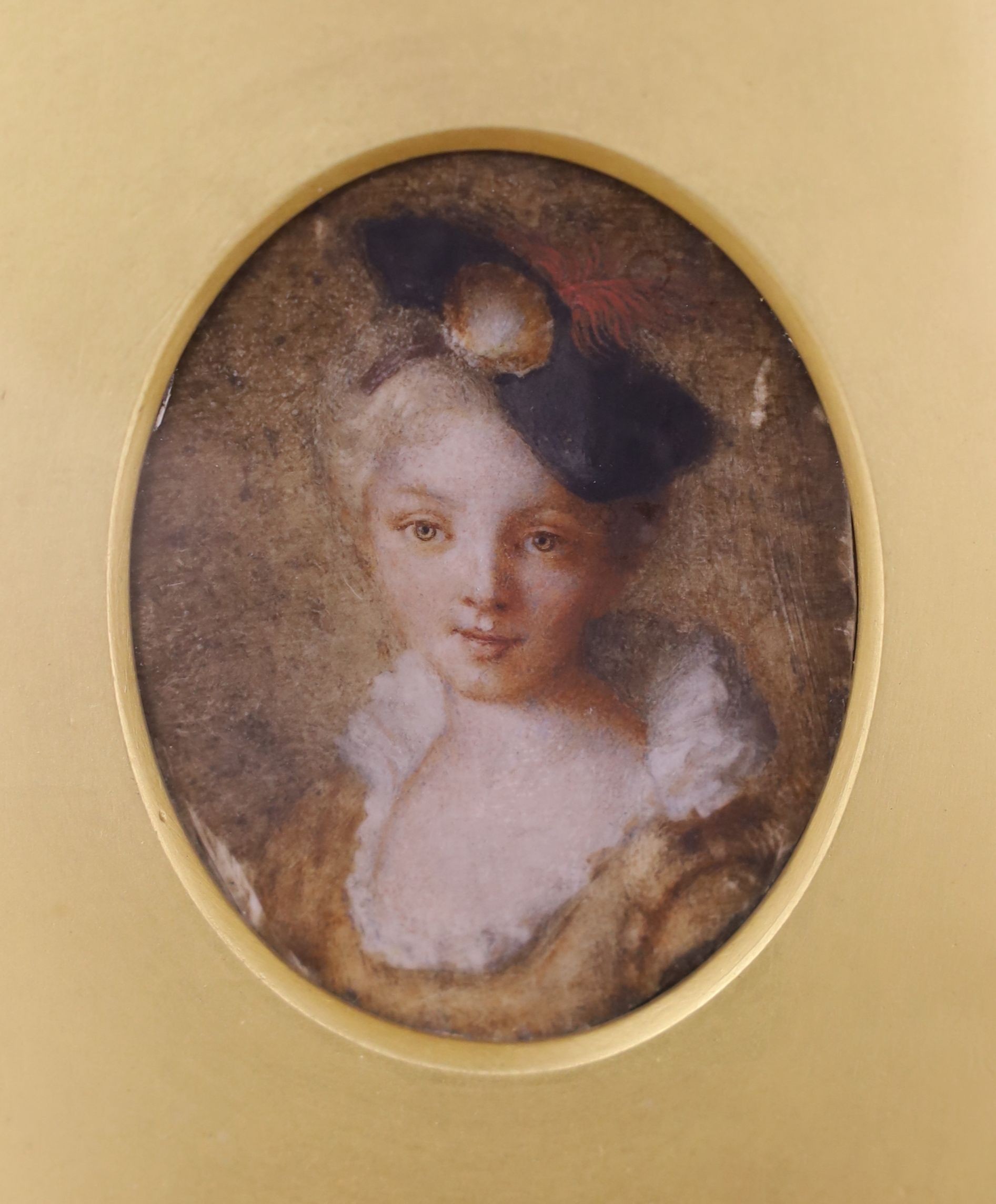 19th century English School, watercolour on ivory, Miniature of a 17th century lady, 5.5 x 4.5cm